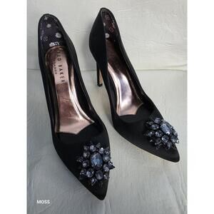TED BAKER LONDON Sz US 7/EU 37.5 Black Satin Brooch Heel Stiletto Pumps Shoes